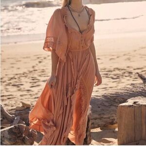 Free People Orange and Pink Ruffled Tiered Sundress
